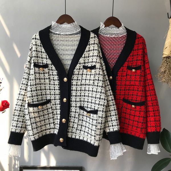 

women's sweaters blouse autumn winter plaid jacket elegant korean woman knitted cardigan long sleeve sweater auvc, White;black