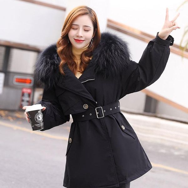 

women's down & parkas long big fur hood puffer jacket women duck padded coats winter office lady slim fashion outerwear jk-890, Black