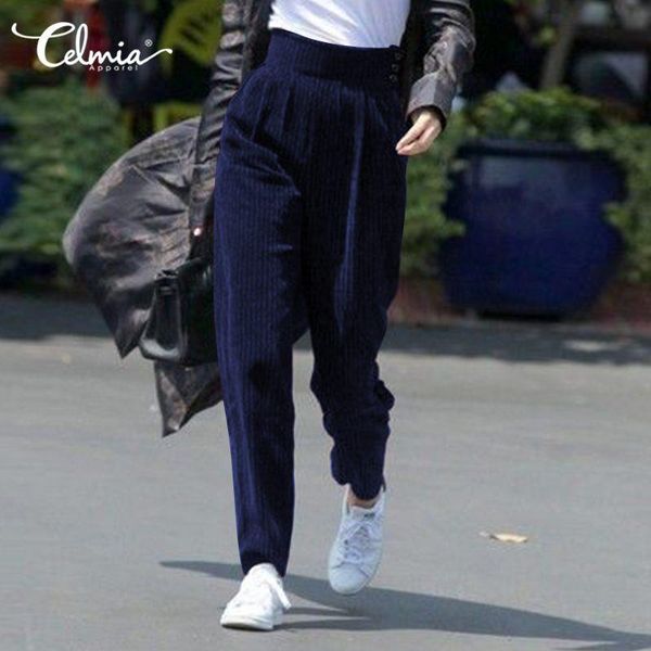 

women's pants & capris 2021 celmia loose high waist women solid corduroy winter pockets harem long trousers vintage casual office panta, Black;white