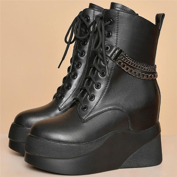 

boots fashion sneakers women lace up genuine leather high heel motorcycle female winter chunky platform pumps shoes casual, Black