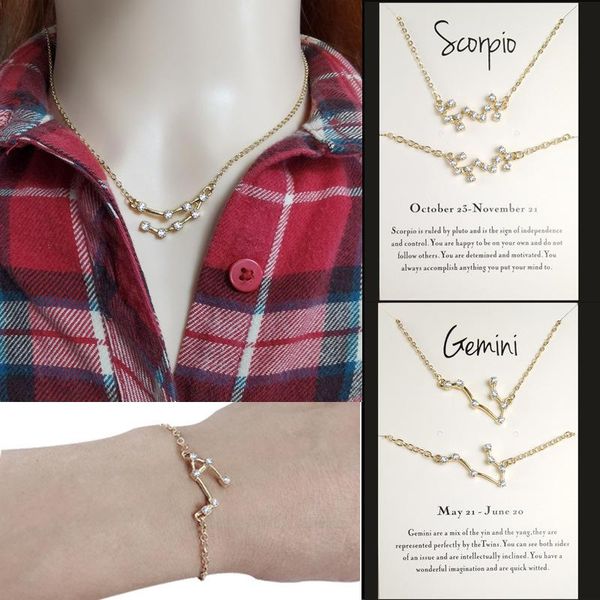

pendant necklaces andshiny 12 constellations card zodiac necklace & bracelet set golden silver color birthday gift shiny constellation