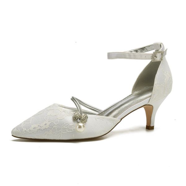 

sandals kitten heels lace women wedding shoes ankle buckle strap pointed toe pumps for bride ard4, Black