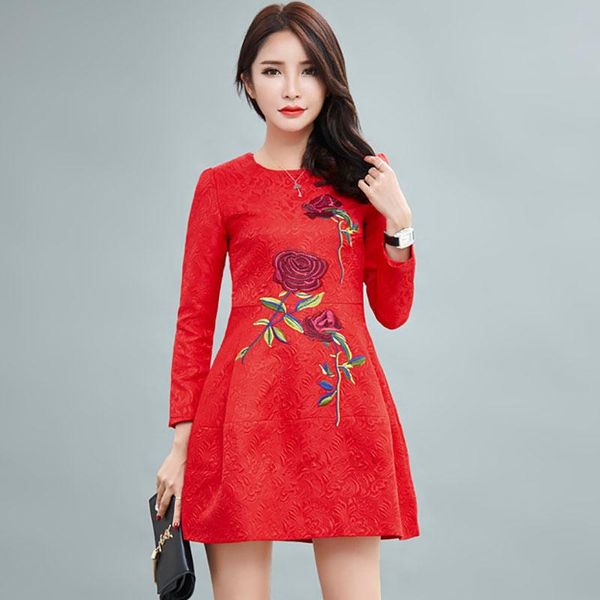 

casual dresses embroidery floral full sleeve women dress ball gown, Black;gray