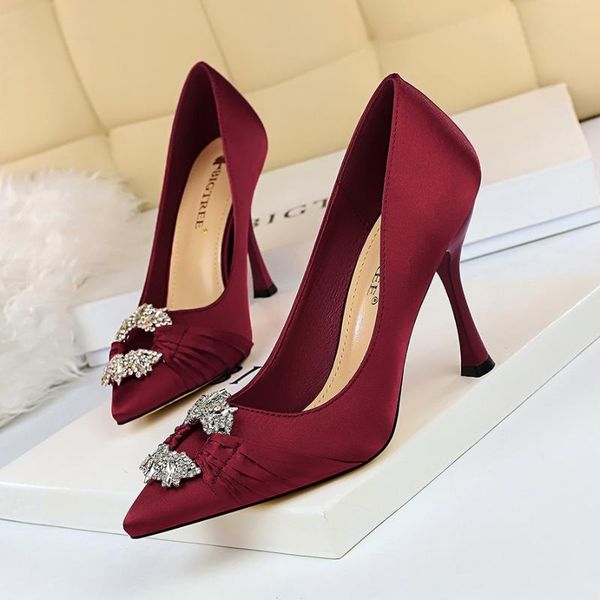 

dress shoes 2021 women 10cm high heels scarpins crystal satin buckle pumps female silk wedding red bridal lady valentine black party