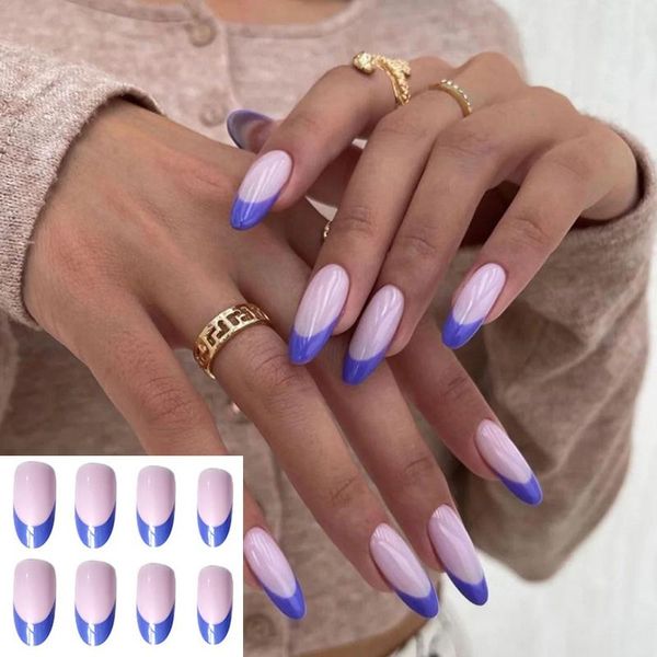 

false nails 24pcs/box detachable blue&purple long almond wearable french ballerina fake full cover nail tips press on, Red;gold