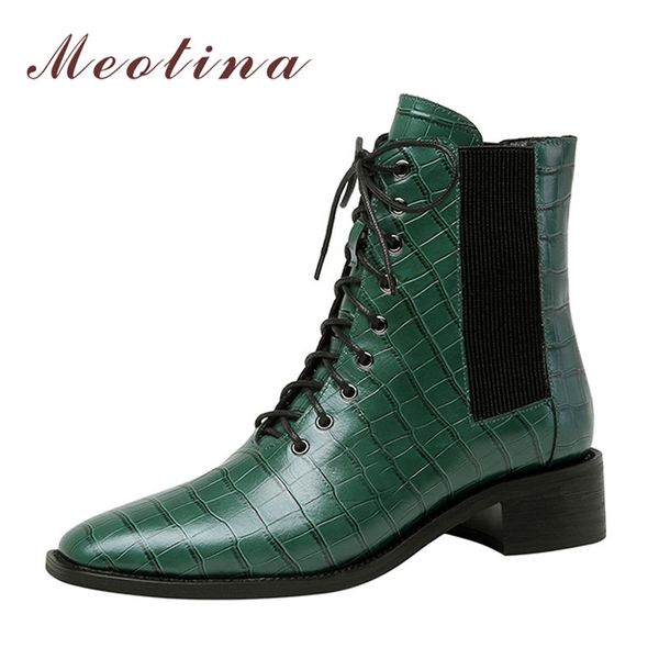 

square toe women boots real leather med heel ankle chunky shoes lace up short ladies autumn winter 43 210517, Black