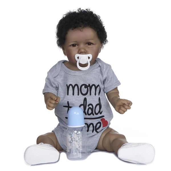 56CM Neue Schwarz Haut Zähne Reborn Kleinkind Baby Puppe Lebensechte Real Touch Volle Körper Silikon African American Puppe Für mädchen Kind