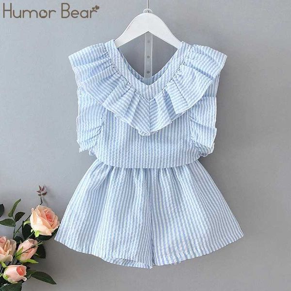 Humor Bear Abbigliamento per ragazze Set 2020 Estate coreana Nuovo T-shirt con volant a righe Top + Pantaloni Vestito per bambini Vestiti per bambini per bambini X0902