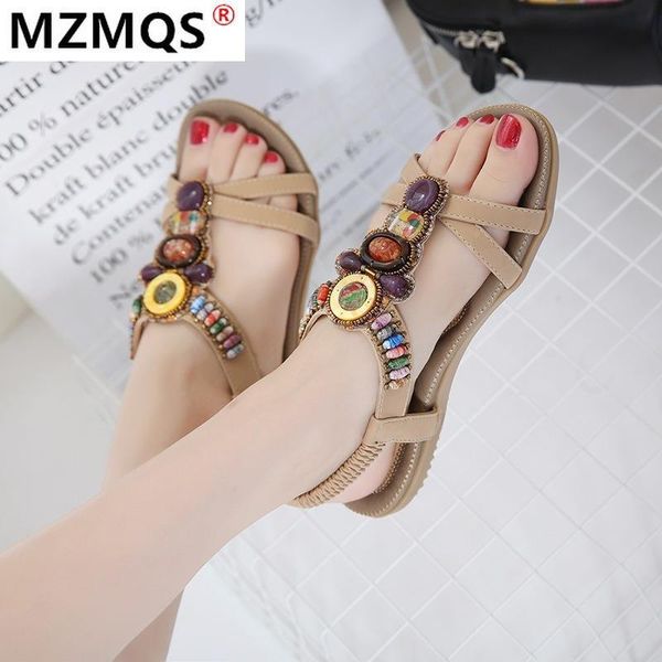 

sandals fashion women's shoes open toe solid color flat comfortable cool beach summer ethnic beaded ixpi, Black
