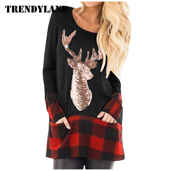 

women's t-shirt trendyland womens casual t-shirts antler printing plaid splice hem long sleeve cute tunic autumn winter shirts sweater, White