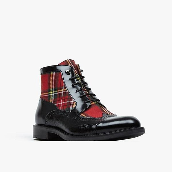 

Fashion Men PU Leather Shoes Top Quality Vintage PU Leather Plaid Boots Lace Up Mens Martin Boots Casual Zapatos De Hombre 4M193, Black red