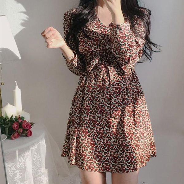 

casual dresses floral a-line vestidos v neck print dress women 2021 spring elegant fashion female vintage chiffon high waist, Black;gray