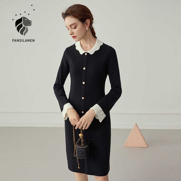 Fansilanen manga comprida vintage camisola camisola vestido mulheres outono inverno elegante preto feminino retalhos azul midi 210607