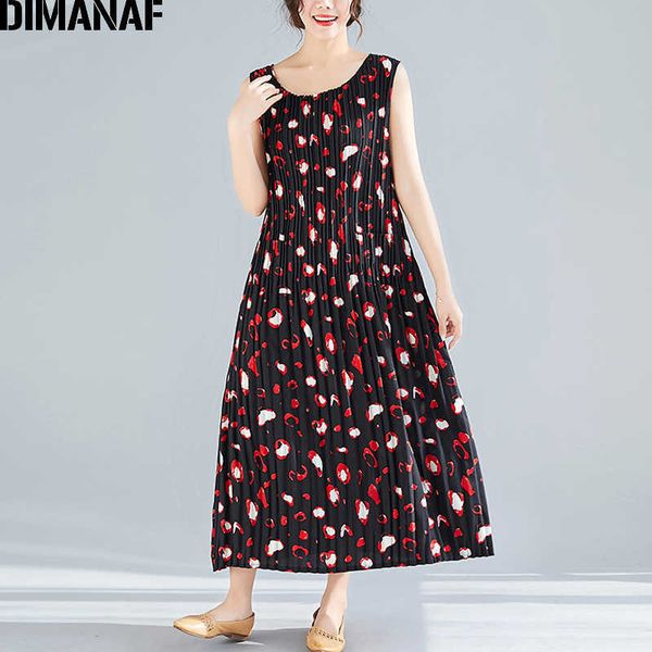 

plus size women dress summer sundress pleated big vintage sleeveless female lady vestidos loose print dresses 210531, Black;gray