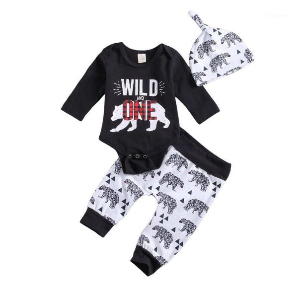 

clothing sets 3pcs outfit bear print children wear set, toddler long sleeve o-neck + pants hat, baby boys clothes for spring fall1, White