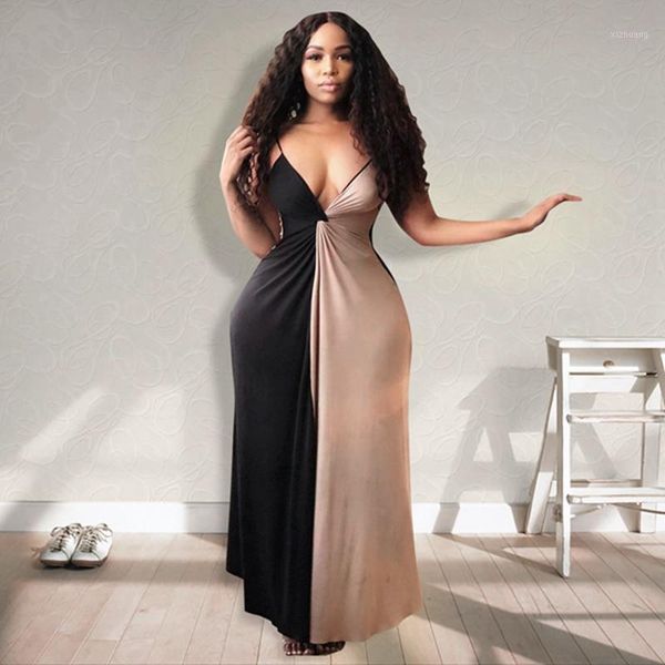 

casual dresses color block spliced summer bohemian dress spaghetti strap deep v neck backless maxi black apricot s, Black;gray