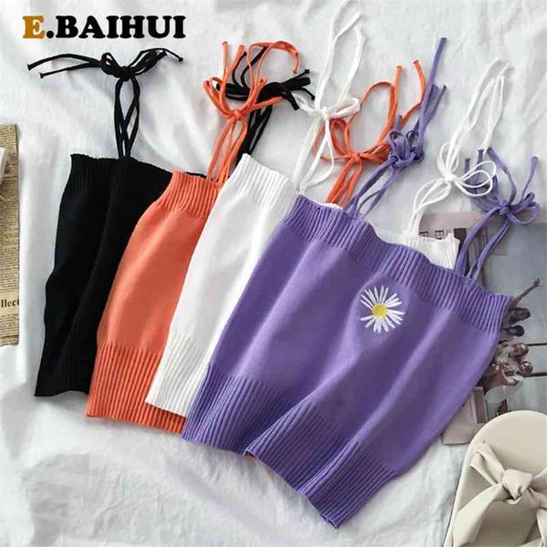 

ebaihui knitted crop flower embroidery women's shirt slim tank underwear women casual streetwear clothing 210522, White