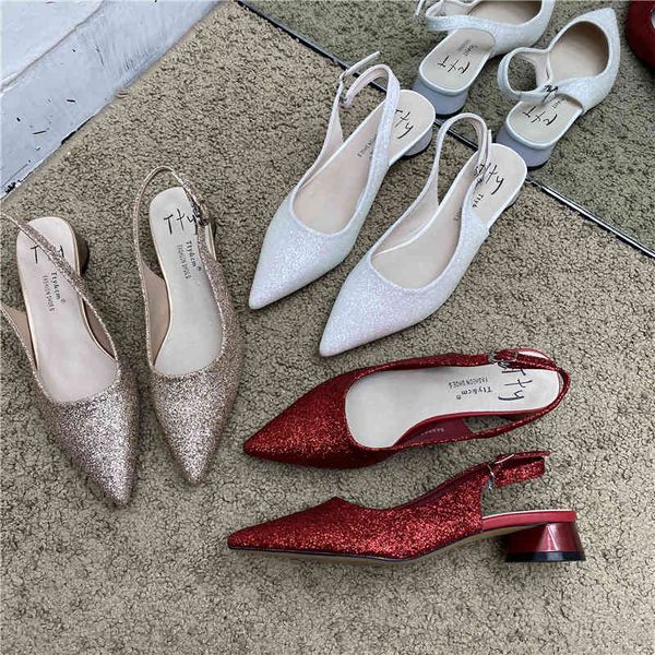 

dress shoes wedding spring sequined crystal pointed thick heel slingback sandals baotou back strap valentine low sandal okv6, Black