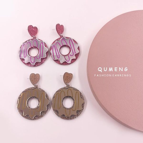 

fashion lovely sweet strawberry doughnut acrylic drop earrings for women pink shiny peach heart cute night club party jewelry dangle & chand, Silver
