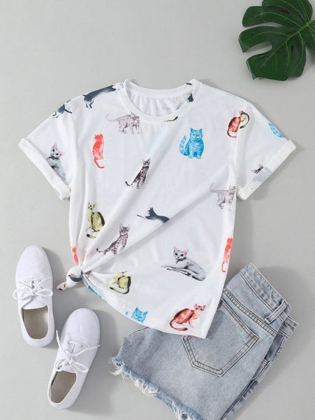 

allover cat print tee v2lh#, White