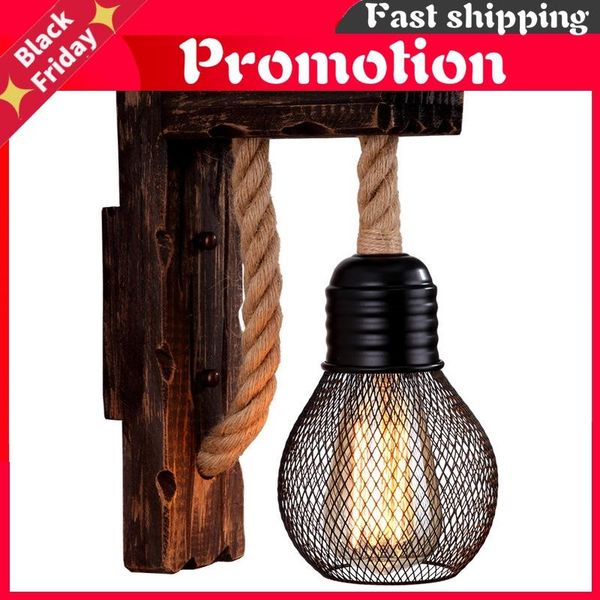 

vintage wood rope wall lamps fixture retro hallway bedside loft light luminaire industrial american decor lighting wooden lamp