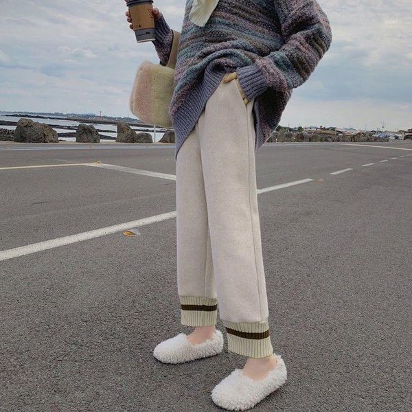 

women's pants & capris striped knitted stitching woolen autumn and winter 2021 korean style cropped loose straight retro baggy, Black;white