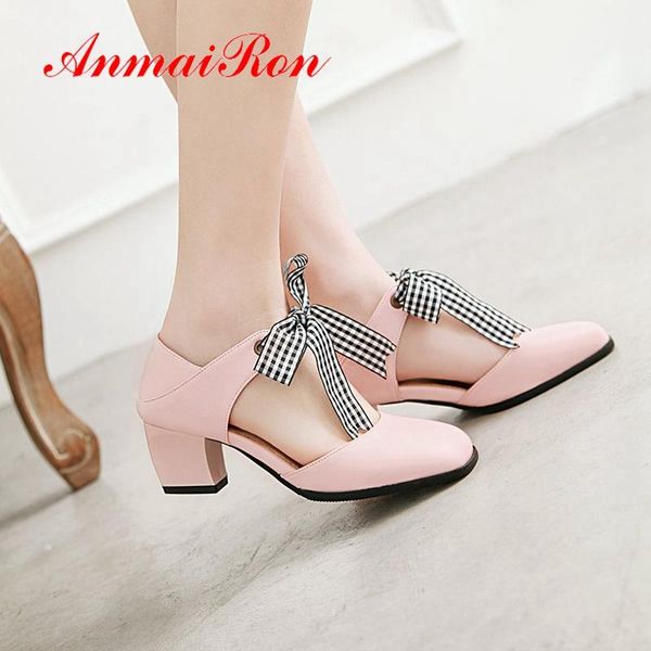 

dress shoes anmairon 2021 arrival women fashion elegant pumps med high square toe casual lace-up size 34-43 ly1976, Black