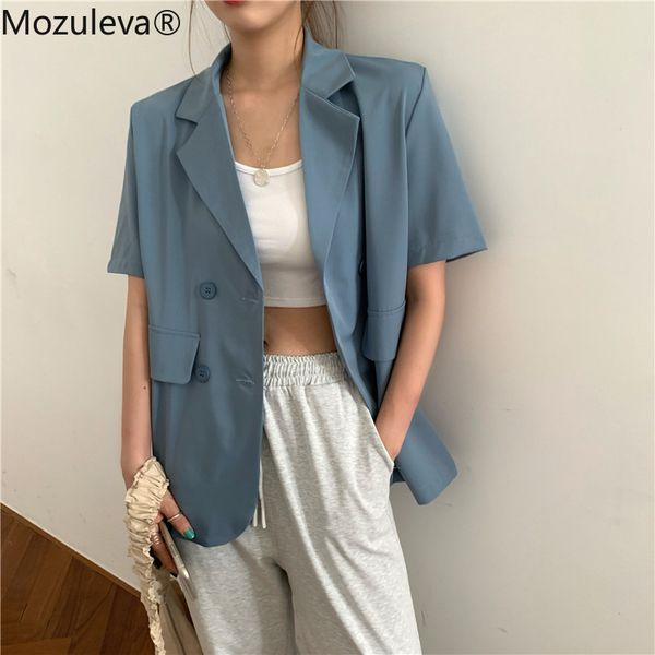 

summer chic korea simple ol women office ladies fashion short sleeve double breasted blazer loose purple 7colors 210427, White;black