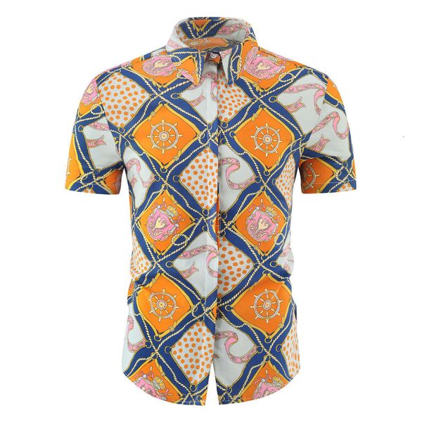 

dresses summer diamond pattern printed shirt style youth men's casual short sleeve shirt, White;black