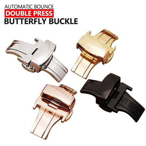 

watch bands 10-24mm wristwatch buckle gold black double press auto stainless steel butterfly for men women leather strap, Black;brown