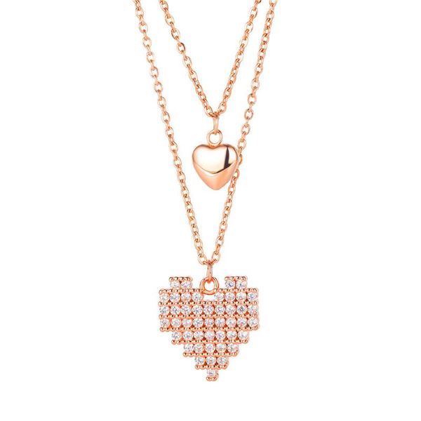 

concise style double layer stainless steel necklace creative heart-shaped diamond embed chokers collarbone chain for woman g347, Golden;silver