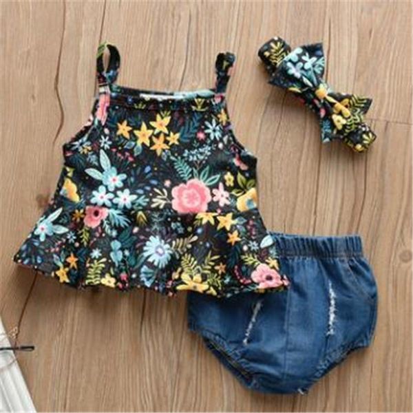 

clothing sets summer baby girl\u2021s set fashion flower suspender solid color short headband 2pcs, White