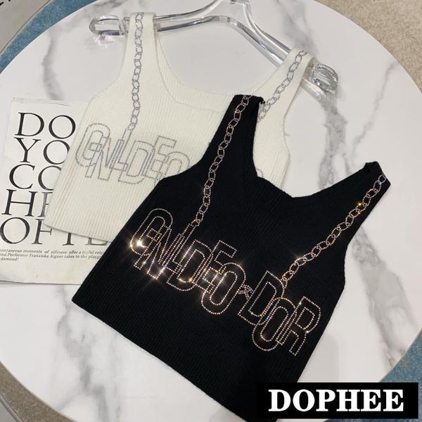 

women's tanks & camis 2021 autumn water drill letter knit tank sports vest women cool diamond shiny knitted short sling, White