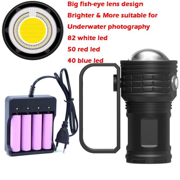 

flashlights torches diving rechargeable torch fish-eye underwater pography light video lamp white red blue led scuba po fill