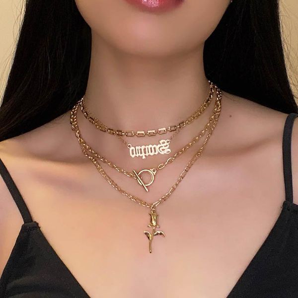 

vintage multilayer letters rose flower pendant necklace for women temperament ot buckle geometric chains party jewelry necklaces, Silver