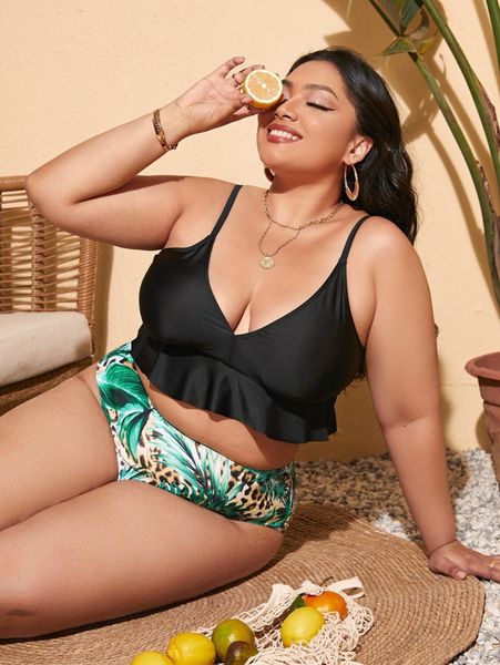 

plus plant print ruffle hem bikini swimsuit 55jw#, Black