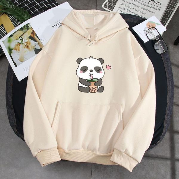 

women's hoodies & sweatshirts women little panda drinking milk tea print hoodie streetwear cute winter clothes womens oversized cotton, Black