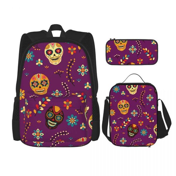 

backpack 3 set 2021 mexico skull flowers shoulder bags school bag mochilas student