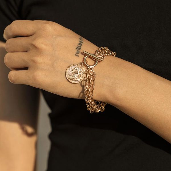 

link, chain 2021 simple ot buckle portrait coin charm bracelet for women hip hop multilayer punk gold color jewelry, Black