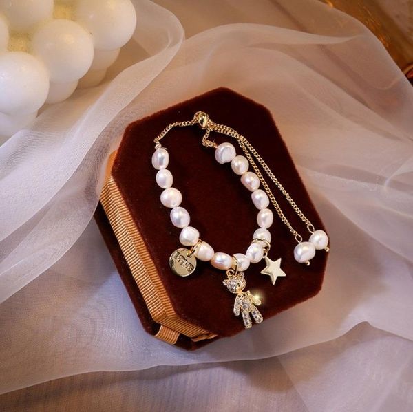 

bangle simple retro pearl alloy chain golden bracelet women pendant fashion jewelry, Black