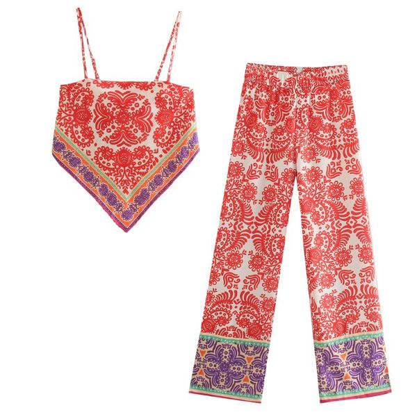 

women's two piece pants 2021 women set vintage printed fashion halter crop elastic waist trousers chic lady y2k woman outfits sets, White