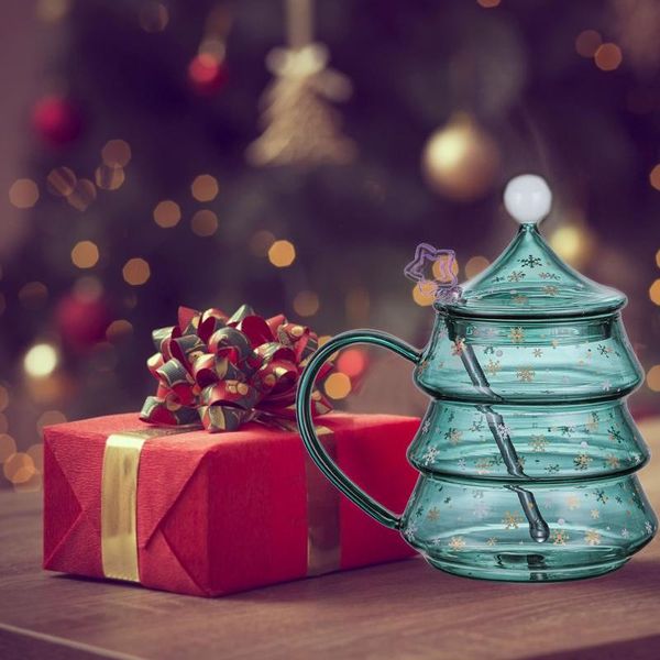 

christmas gift tree shape glass water cup drinkware unique exquisite snowflake mug 2021 high temperature transparent double wine glasses