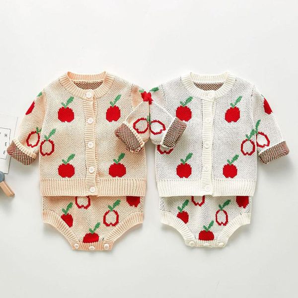

clothing sets autumn winter children boys girls long sleeve apple coat + rompers suit 2pcs kids baby boy girl clothes, White