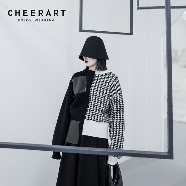 

winter designer sweater women pullover patchwork leather pocket sweaters irregular jumper fashion 210427, White;black