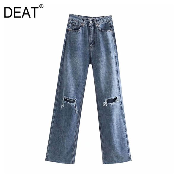 

[deat] spring fashion wide leg denim pants loose high waist solid color hole personality women jeans 13c707 210527, Blue