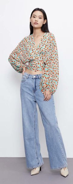 

spring summer floral loose v-neck lace zaraing women blouse shirt sheining vadiming female lkd9665 women's blouses & shirts, White