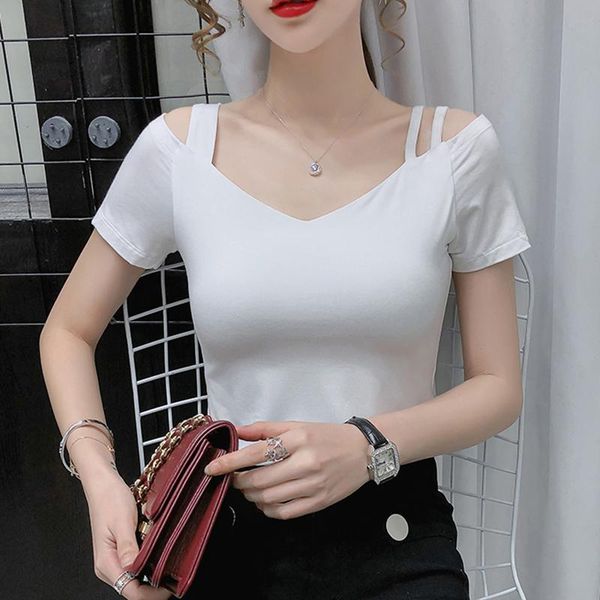

women's t-shirt summer off shoulder womens modal cotton female tshirt korean fashion v-neck tee shirt femme casual for women mujer, White