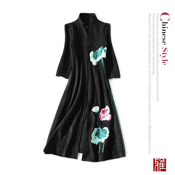 

women's trench coats style semi open collar, buckle, national lotus embroidery, nine points long sleeved suede jacket, outer lad., Tan;black