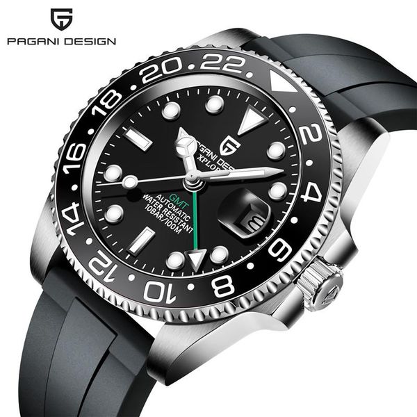 

wristwatches pagani design brand gmt watches men automatic 100m waterproof sports mechanical rubber sapphire 40mm watch relogio masculin, Slivery;brown