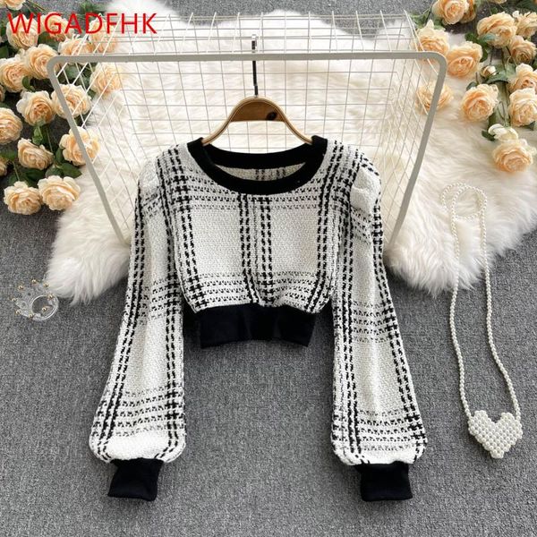 

women's hoodies & sweatshirts retro tweed contrast color puff sleeve sweatshirt fall/winter fashion thick check o-neck cropped top, Black